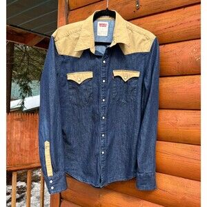 Levi's Barstow Western Denim Snap Shirt Slim Fit M Two-Tone Blue/Tan Excellent
